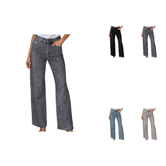 High Waist Straight Leg Jeans for Women Sparkly Rhinestone Distressed Denim Pants, Loose Boyfriend Fit with Pockets, Soft Casual Winter Wear