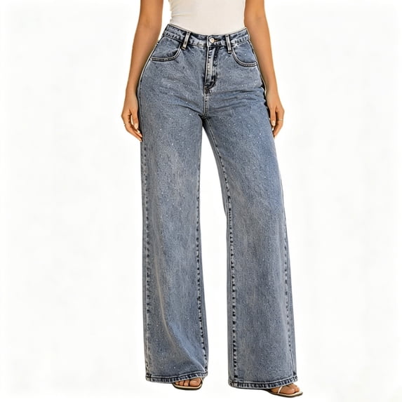 High Waist Straight Loose Cut Elasticity Hotfix Rhinestone Jeans For Women