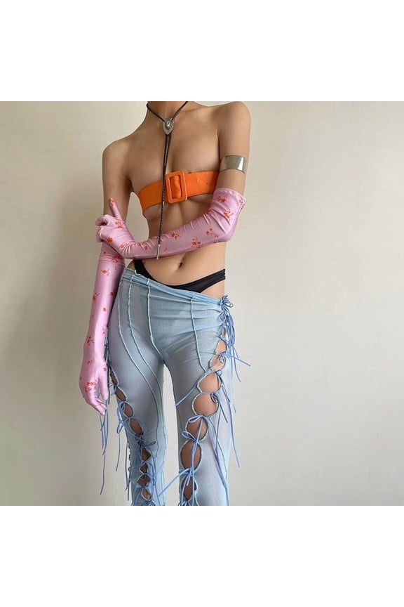 High Waist Straight Micro-Flare Hollow Lace-Up Mesh Casual Pants 1773656642762079