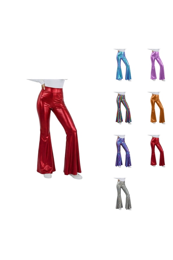 High Waist Stretchy Gold Print Flare Pants, Women's Shiny Metallic Bootcut Trousers for Dance Yoga, 70s Disco Style Bell Bottom Leggings