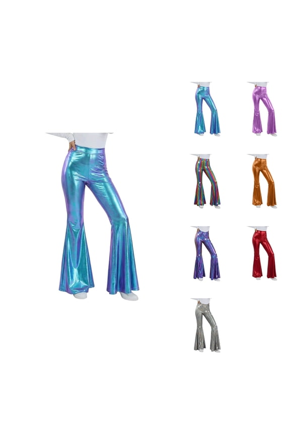 High Waist Stretchy Gold Print Flare Pants, Women's Shiny Metallic Bootcut Trousers for Dance Yoga, 70s Disco Style Bell Bottom Leggings