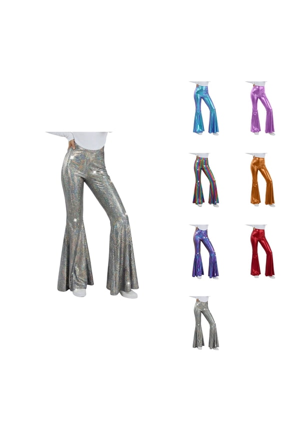 High Waist Stretchy Gold Print Flare Pants, Women's Shiny Metallic Bootcut Trousers for Dance Yoga, 70s Disco Style Bell Bottom Leggings