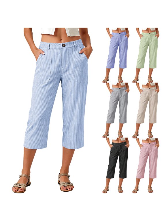 High Waist Striped Capri Pants for Women, Wide Leg Cropped Trousers with Pockets - Casual Summer Linen Look Culottes Blue XXL