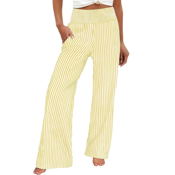 High Waist Summer Pants for Women Linen Wide Leg Striped Pants Casual Flowy palazoo for Women Drawstring Elastic Waist Trousers with Pockets