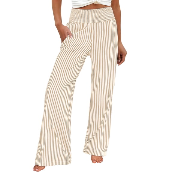 High Waist Summer Pants for Women Linen Wide Leg Striped Pants Casual Flowy palazoo for Women Drawstring Elastic Waist Trousers with Pockets