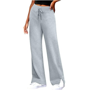 High Waist Sweatpants for Women Slit Bottom Straight Wide Leg Pants with Pocket Casual Long Running Workout Trousers, Gray, L