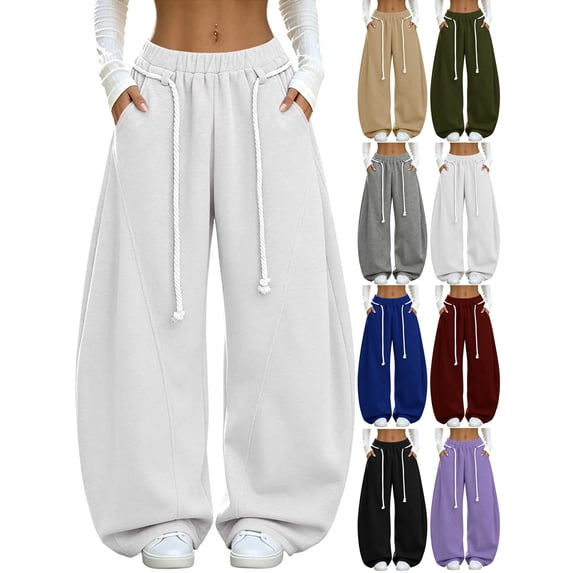 High Waist Sweatpants for Women,Wide Leg Elastic Drawstring,with Pockets,Solid Color Casual Baggy Pants for Daily Wear