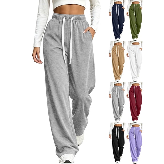 High Waist Sweatpants for Women,Wide Leg Elastic Drawstring,with Pockets,Solid Color Casual Baggy Straight Leg Pants for Daily Wear