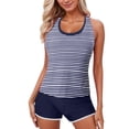 thumbnail image 1 of High Waist Tankini Swimwear for Women 3 Piece Swimsuit with Skirt Elastic Swimwear for Beach Striped Print Cross Back Thick Strap Blue XXL, 1 of 5
