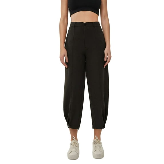 High Waist Tapered Pants with Waist Button Detail