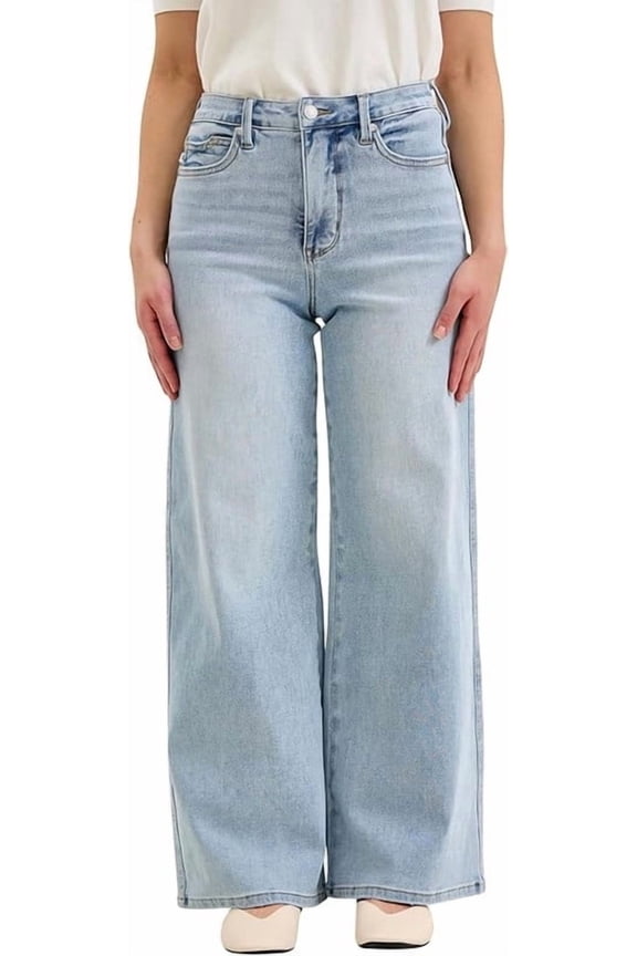 High Waist Tummy Control Light Wash Retro Wide Petite Jeans