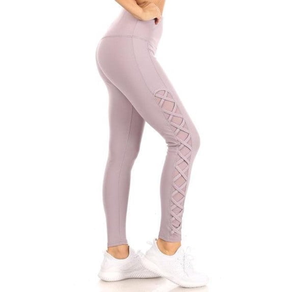 High Waist Tummy Control Sports Leggings With Criss Cross Side Mesh Panels - Mauve