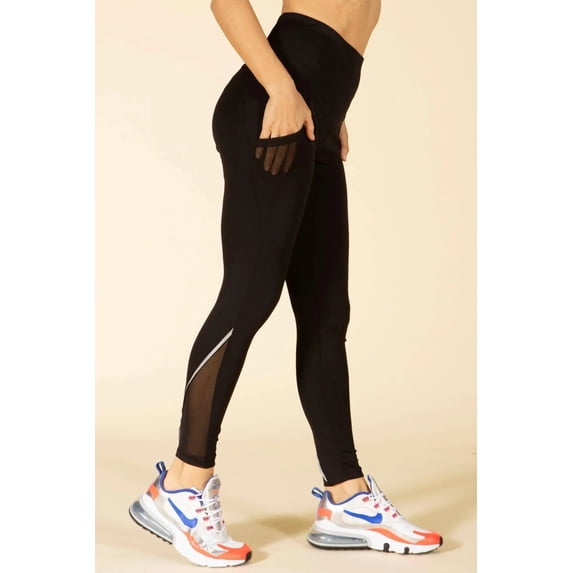 High Waist Tummy Control Sports Leggings With Side Mesh Pockets Reflective Leg Detail - Black