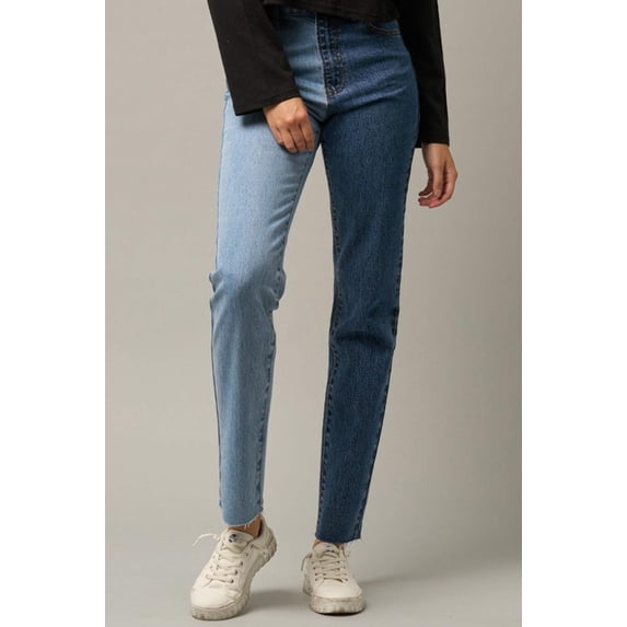 High Waist Two Tone Raw Hem Straight Jeans