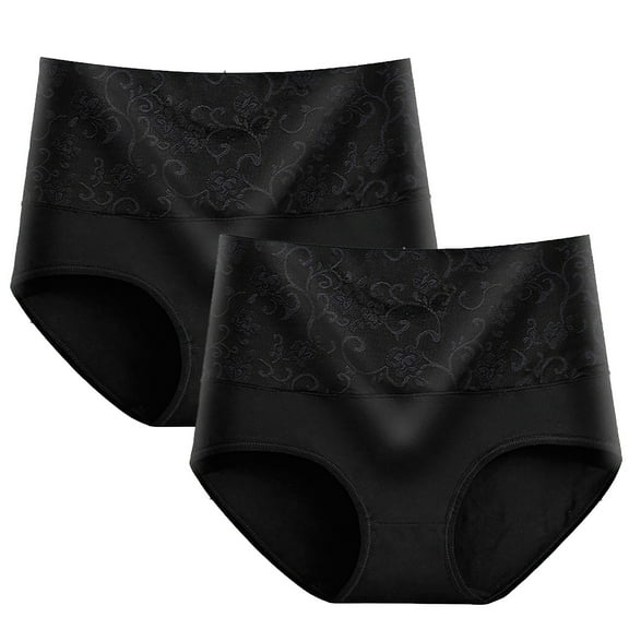High Waist Underwear Women 2pc High Waist Tummy Panties for Women, Cotton Underwear Full Cover Shapewear Ladies Floral Lace Waisted Brief Panties Seamless Underwear for Women Cotton Black L