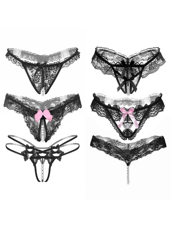 High Waist Underwear Women 6pack Lace Underwear Women's Thong Sheer Lace Open Crotch with Pearl Briefs Panties Black One Size