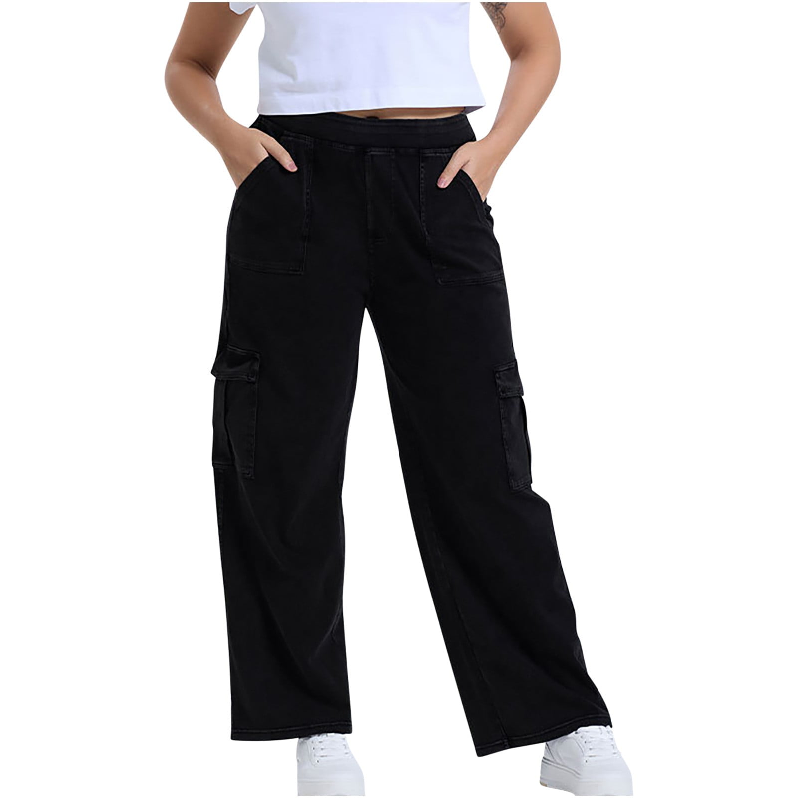 パンツ PLAIN Black Cargo Pants with Pockets Woman (3801 4203NERO) High Waist Wide Leg Cargo Pants for Women Trendy Multi