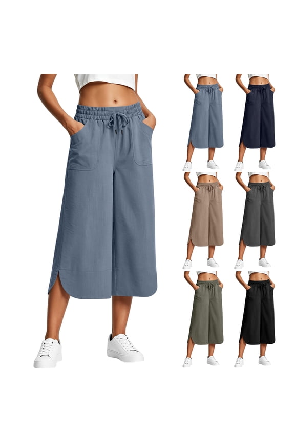 High-Waist Wide Leg Cropped Pants for womens with Side Slits & Patch Pockets - Breathable Linen-Blend Look, Elastic Drawstring Waist for Beach, Yoga & Summer Lounging Navy M
