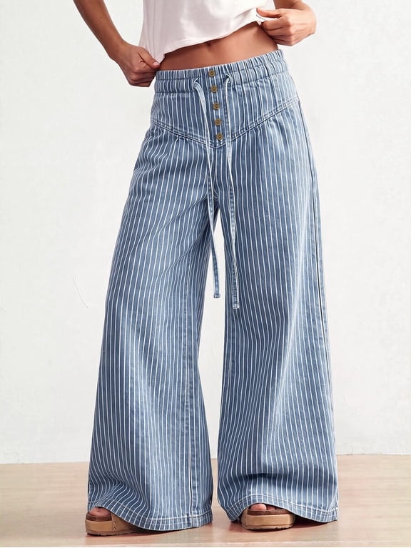 High Waist Wide Leg Jeans for Women Button Fly Drawstring Loose Fit Denim Pants Streetwear
