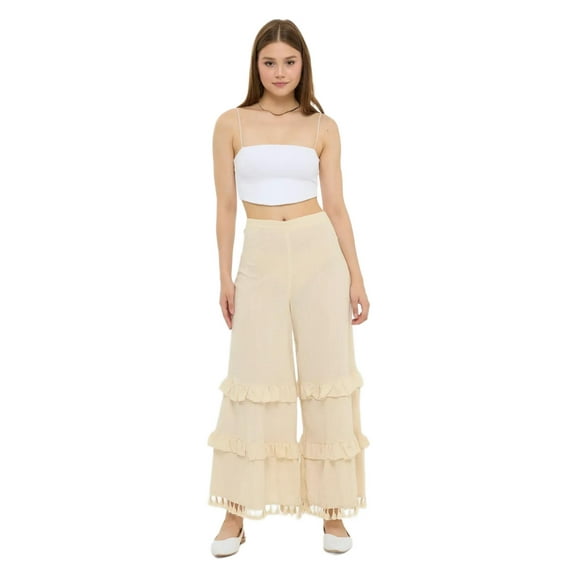 High-Waist Wide-Leg Linen Trousers with Tassel-Hem