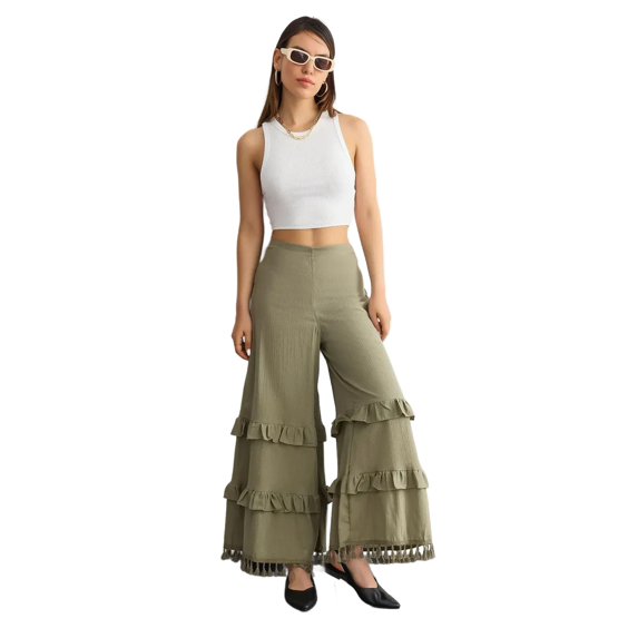 High-Waist Wide-Leg Linen Trousers with Tassel-Hem