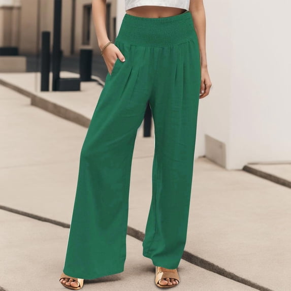 High Waist Wide Leg Palazzo Pants for Women Smocked Elastic Waist Loose Comfy Casual Pajama Pants Pockets Patterned Pants Dress Pants for Women Business Casual Short Womens Pants Casual Work