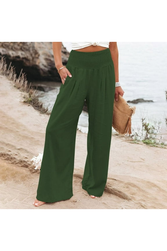 High Waist Wide Leg Palazzo Pants For Women Smocked Elastic Waist Loose Comfy Casual Pajama Pants Pockets Womens Cropped Pants Casual Petite Womens Sweatpants Women Casual Pants Suits Womens Business
