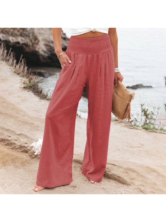 High Waist Wide Leg Palazzo Pants For Women Smocked Elastic Waist Loose Comfy Casual Pajama Pants Pockets Womens Cropped Pants Casual Petite Womens Sweatpants Women Casual Pants Suits Womens Business