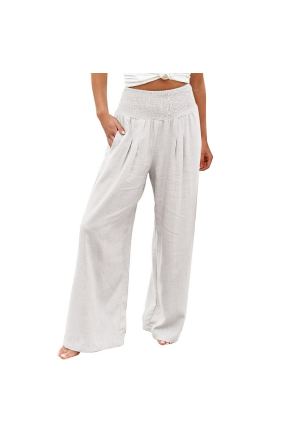 High Waist Wide Leg Palazzo Pants for Women Smocked Elastic Waistband Loose Comfortable Casual Wear with Pockets