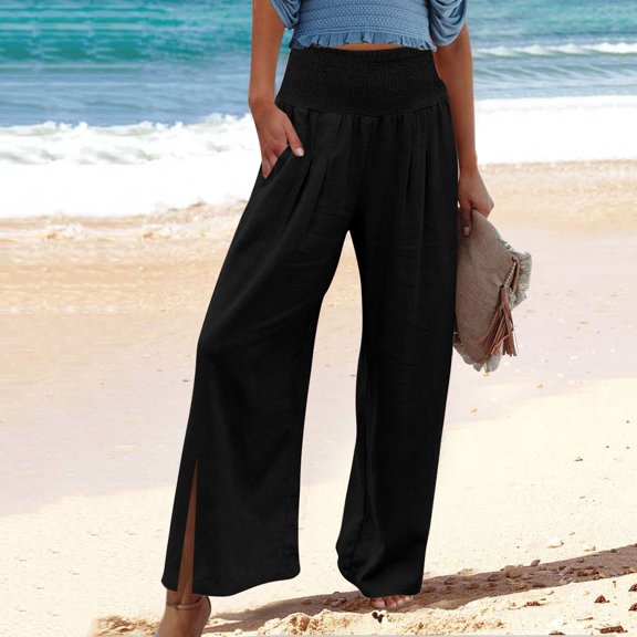High Waist Wide Leg Palazzo Prints Pants For Women Smocked Elastic Waist Loose Comfy SplitCasual Pajama Pants Pockets Cropped Pants for Women Casual Summer Women Line Pants Women Casual Pants Suit