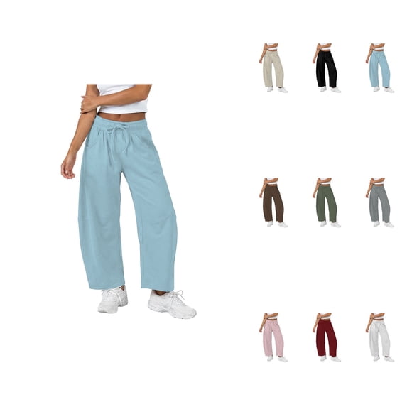 High Waist Wide Leg Palazzo Trousers, Women's Casual Cotton Sweatpant with Pockets, Elastic Waistband Drawstring, Soft Comfortable Barrel Leg Pants