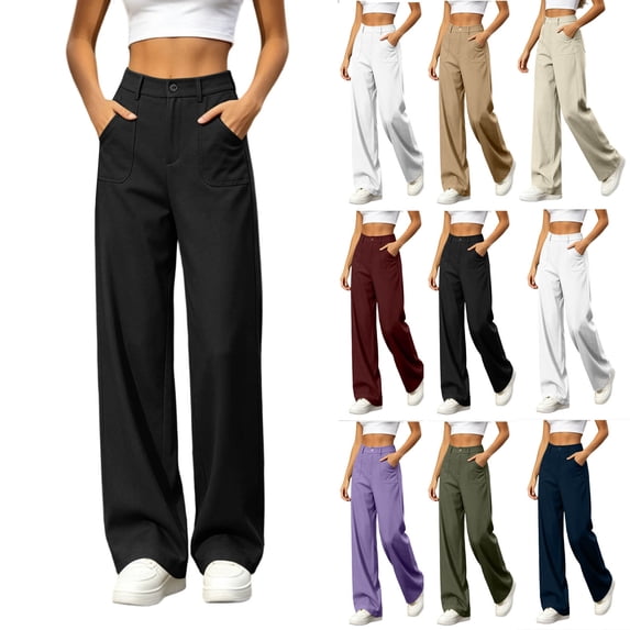 High Waist Wide Leg Pants for Women Button Zip Fly Casual Straight Trousers with Large Front Patch Pockets, Flowy Floor Length Business Casual Suit Pants