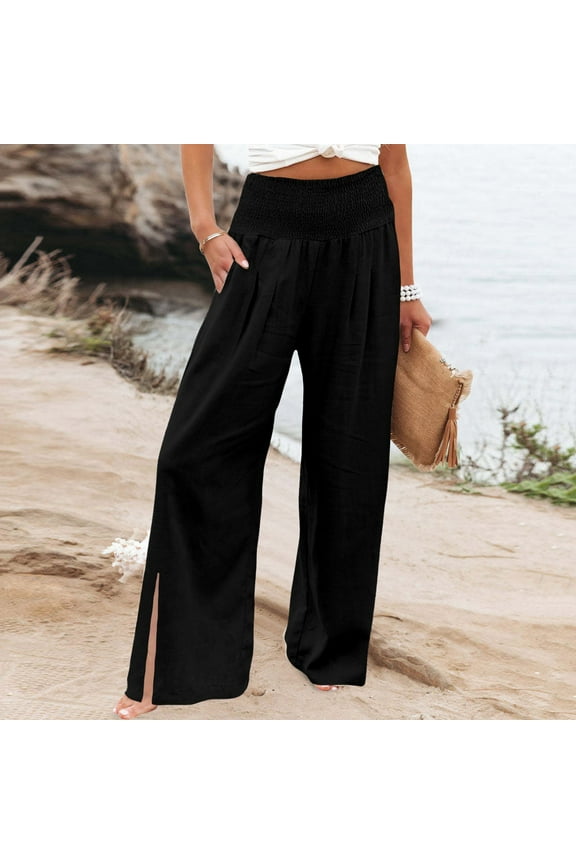 High Waist Wide Leg Pants for Women, Elastic Waist Split Hem Casual Pants, Loose Fit Comfortable Trousers with Pockets, Stylish Beach Pants for Outdoor, Daily Wear and Vacation-Black