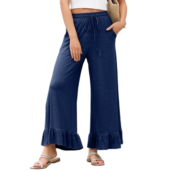 High Waist Wide Leg Pants Women's Casual High Elastic Breathable Drapey Long Trousers Summer New Solid Color Wide Leg Ruffle Pants with Pockets for Daily Wear