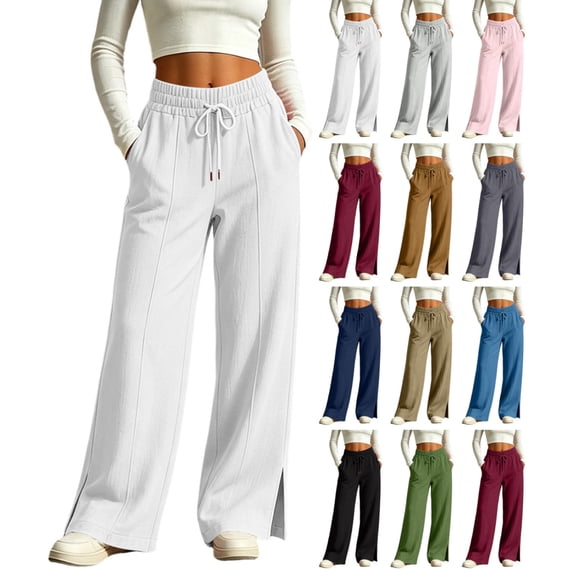 High Waist Wide Leg Pants for Women Solid Color Cotton Linen Drwastring Sweatpants with Pocket for Daily Casual Wear