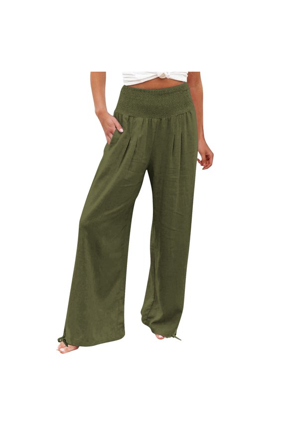 High Waist Wide Leg Prints Pants For Women Smocked Elastic Waist Loose Comfy Split Casual Pants Pockets