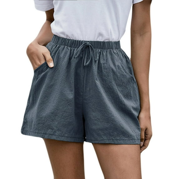 High Waist Wide Leg Shorts for Women Solid Color Cotton Linen Hot Pants with Pockets Winter Plus Size Drawstring Casual Short