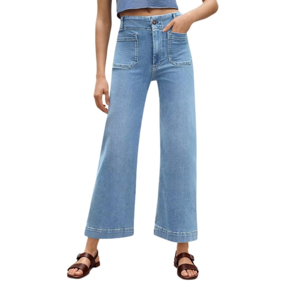 High Waist Women Casual Wide Leg Denim Pants Cropped Baggy Ankle Jeans with Pocket