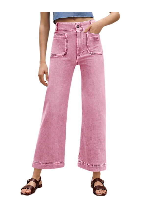 High Waist Women Casual Wide Leg Denim Pants Cropped Baggy Ankle Jeans with Pocket
