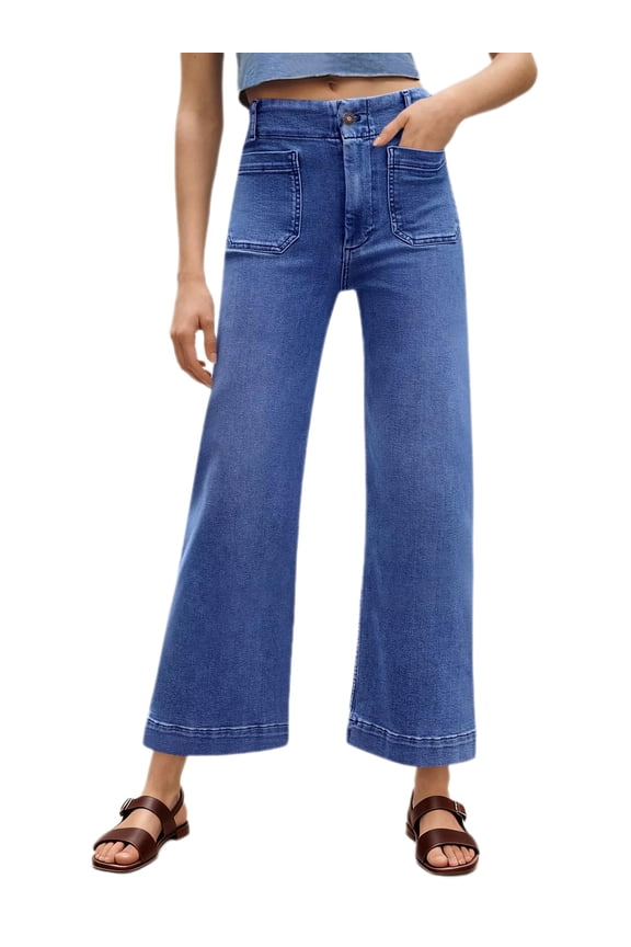 High Waist Women Casual Wide Leg Denim Pants Cropped Baggy Ankle Jeans with Pocket