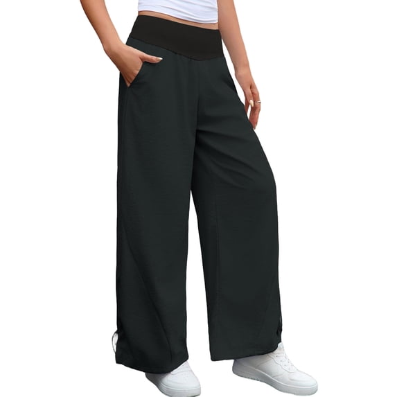 High Waist Women Casual Wide Leg Pants Straight Drawstring Sport Trousers