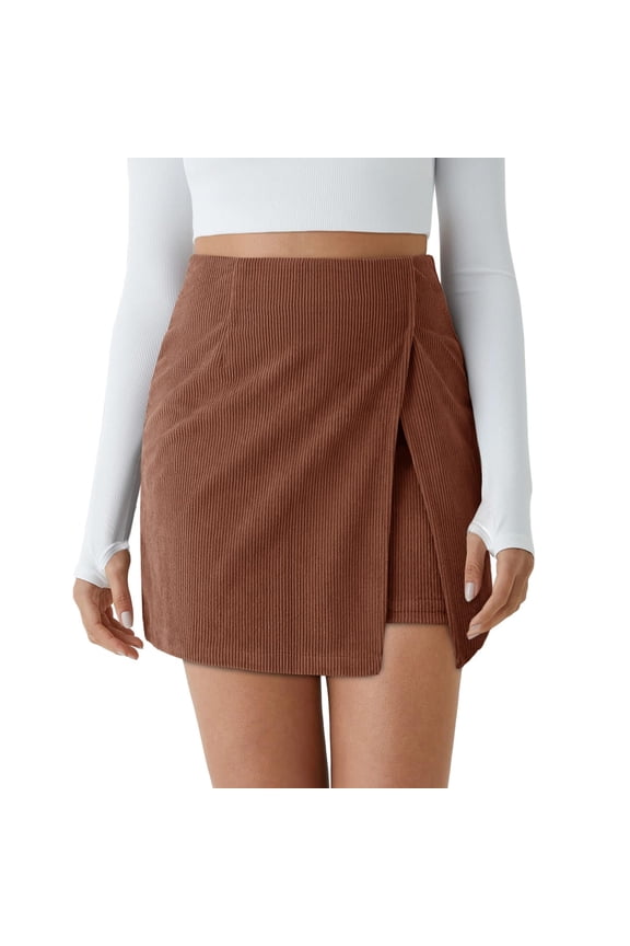 High Waist Women Corduroy Side Slit Bandage Mini Skirt