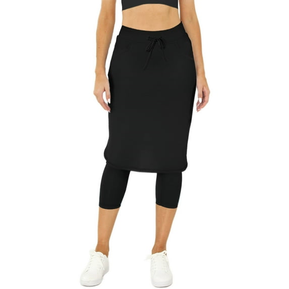 High Waist Women Solid Color Elastic Activewear Knee-Length Skirt With Legging Pants