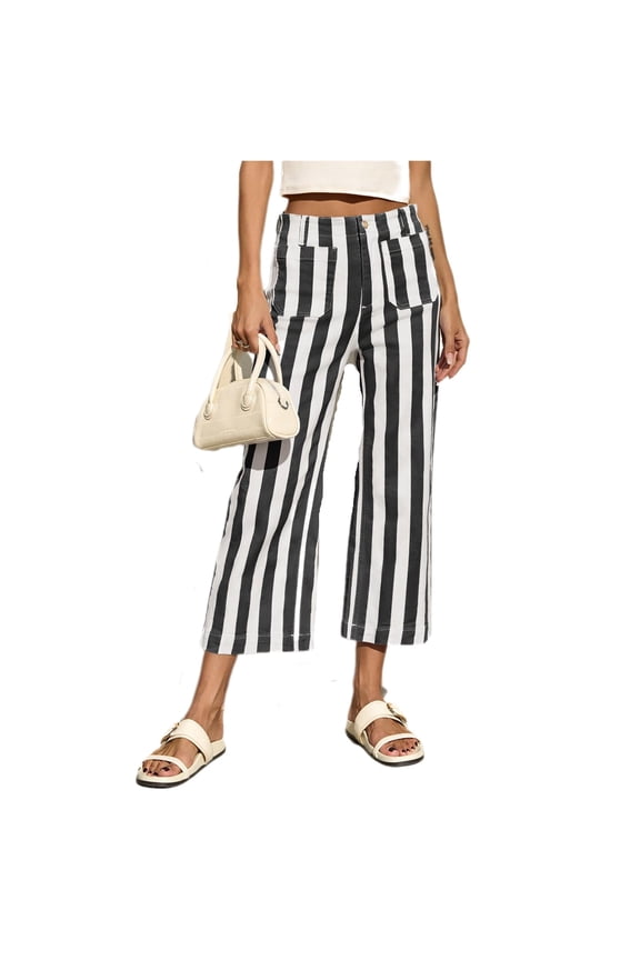 High Waist Women Stripe Print Casual Pants Ankle Length Capris Straight Trousers