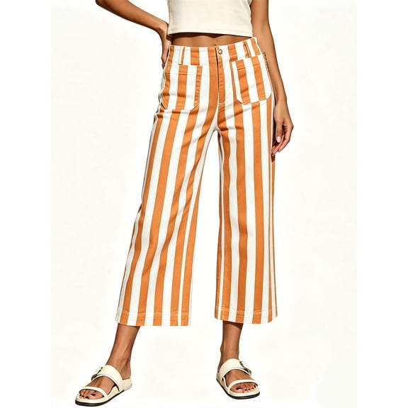High Waist Women Stripe Print Casual Pants Ankle Length Capris Straight Trousers