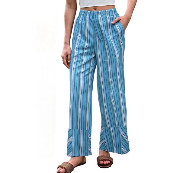 High Waist Women Striped Print Patchwork Loose Casual Pants Wide Leg Trousers