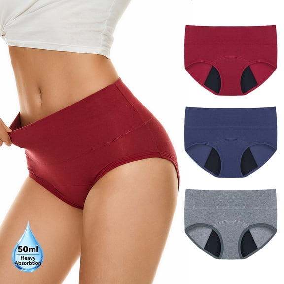 PUTUO Period Underwear for Women, Leakproof High Waisted Cotton Menstruation Panties, 3 Pack