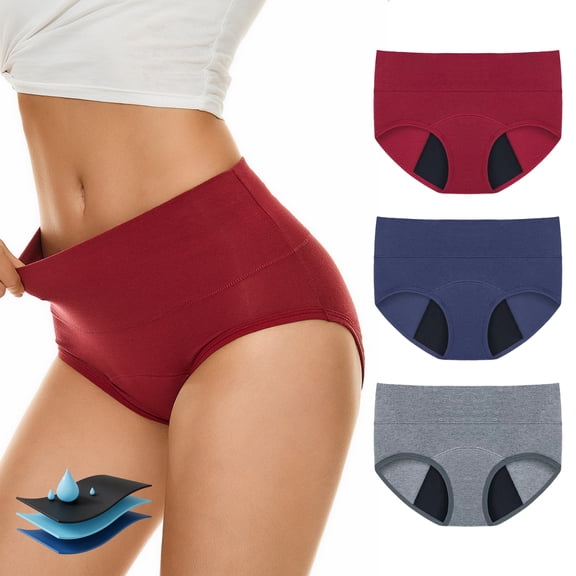 Period Underwear for Women, PUTUO Leakproof High-Waisted Menstrual Panties, Soft Breathable Cotton, Full Coverage Protection for Heavy Flow & Postpartum, 3 Pack, Multicolor