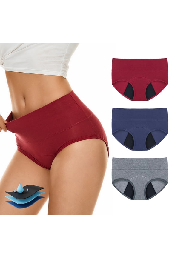 Period Underwear for Women, PUTUO Leakproof High-Waisted Menstrual Panties, Soft Breathable Cotton, Full Coverage Protection for Heavy Flow & Postpartum, 3 Pack, Multicolor