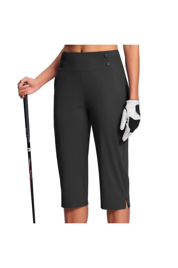 High Waist Workwear Womens Capris Button Pull-On Straight Leg Slimming Dressy Casual Pants with Pocket Black, XL